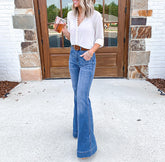 Flare Pants With Hight Waisted Stretch Denim Button  Jeans